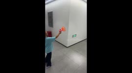 Girl slips while chasing bubbles in Shandong, China