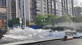 Foam-covered streets after heavy rain in Shantou, Guangdong, China