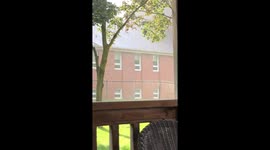 Heavy rain falls under bright sunshine in Whitby, Ontario, Canada