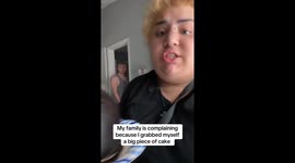 Fat lady gets mad that her family is upset she took half the cake for herself