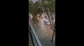 Heavy rain and street flooding in Sabadell, Catalonia, Spain
