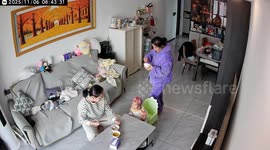 Adorable moment toddler brings stool for grandma after seeing her squat to feed him