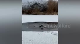 Hero crawls over thin ice on plastic sheet to save pup trapped in frozen pond