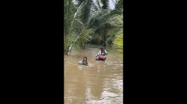 Neighbours carry pet dog to safety through typhoon floods