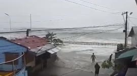 Typhoon Fung-wong lashes waves from sea onto roads hitting nearby homes