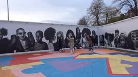 Dancers rehearse steps next to Earls Court Young Artists installation by Alison Jackson - London