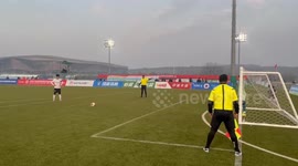Football bounces off goalpost and hits referee in Liaoning, China