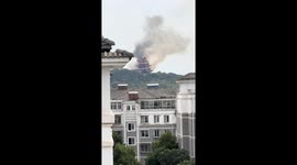 Fire engulfs pagoda at Yongqing Temple in Zhangjiagang, China