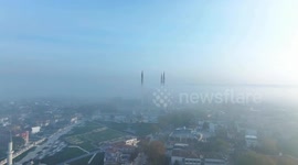 DRONE - Türkiye's Selimiye Mosque in Edirne emerges from tranquil morning fog