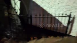 Severe flooding and road blockages on Pen-Y-Pound Road in Abergavenny, UK