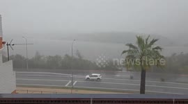Intense rainfall at Portil Lagoon in El Portil, Huelva, Spain