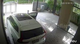 Mother rushes over to rescue son stuck in automatic gate