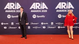 Tim Blackwell and girlfriend, Lizzie Baxter arrive on the red carpet for the 2025 ARIA Awards, Sydney, Australia