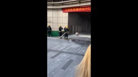 Announcer accidentally soaked during firefighting demo in Tianjin, China