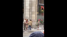 The cast of Jumanji 3 — including Dwayne “The Rock” Johnson, Jack Black, Kevin Hart, and Alex Wolff — were filming on a Christmas-themed set in downtown Los Angeles today.