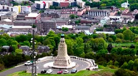 Aerial drone footage of the Law in Dundee, hill with war memorial in the city with panorama views of Dundee and River Tay