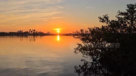 Vibrant sunrise reflecting on calm lake, Port Orange, Florida, USA