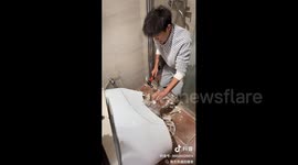 China: Two Cats Get Stuck Inside Toilet Bowl; Owner Breaks Toilet to Rescue Them