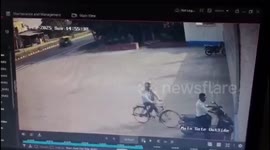 Quick Reflexes Save Cyclist’s Life as Speeding Bus Ploughs Into Mother Dairy Wall in Etawah