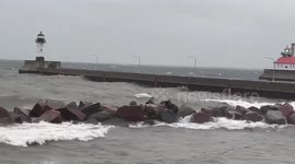 Intense winter storm batters Duluth Canal Park, Minnesota, USA