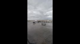 Lake Erie shows strong waves at the dock in Leamington, Canada