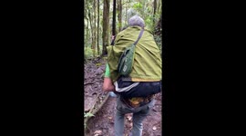 Kind hiker piggybacks pensioner struggling with mountain trek