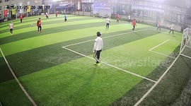 Football stumble during open goal attempt in Beijing, China