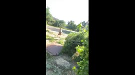 Shocking moment girl falls into open hatch while approaching vloggers in Russia