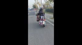 Grandma rides scooter with puppy in Jiangsu, China