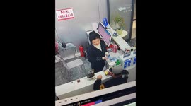 Woman startled by Ultraman entering shop in Hebei, China