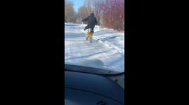 One-legged man rides bicycle using crutches in Nikolayevka, Russia