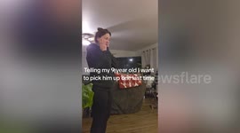 Mother and son share emotional hug as she asks to pick him up one last time