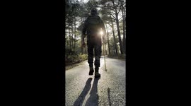 A man walks toward the sun on a quiet forest road, creating a cinematic silhouette as the light passes through the trees.