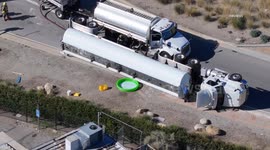 US, Los Angeles: Santa Clarita Fully Loaded Gas Tanker Truck Rolls Nearby Restaurants Sealed Off AERIALS