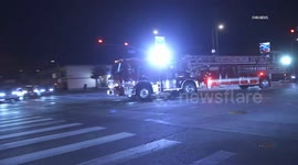 US, Los Angeles: Valley Village Semi Overturns Shutting Down Street With Sound On Tape