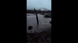 Nisqually River floods during atmospheric river storm in Washington, USA