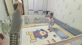 Adorable father and son pillow game in Heilongjiang, China