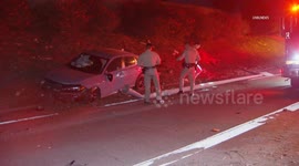 US, Los Angeles: Azusa Hit-And-Run Semi Truck Crash Into Wall On 210 Freeway With Sound On Tape