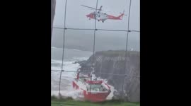 Coast Guard airlift rescues crew from grounded trawler in Kerry, Ireland