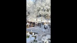 Bethesda Fountain in Central Park covered in snow in New York City, USA