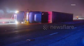 US, Los Angeles: Anaheim Overturned Semi Trailer Blocking Traffic On 91 Freeway