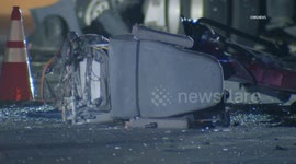 US, Los Angeles: Santa Clarita Big Rig Cab Slides Off Chassis Lands On 5 Freeway Lanes Trapping 2 People