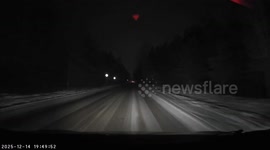 Driver narrowly avoids moose on dark highway in Volodarsk, Russia