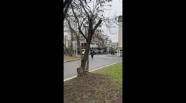 Tiny Christmas tree decorated in park lawn in Moscow, Russia