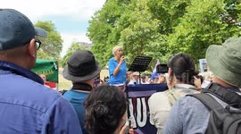 Victoria Teplitsk speaks at the 'Government Should be Sacked' rally in Sydney, Australia