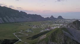 Værøy Midnight Calm from Mountain Slope – Subtle Red and Blue Sunset Reflections on Serene Sea Part 2