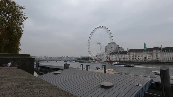 London Eye Riverside Panorama – Thames River Boats and Distant Bridge View (Editorial Use)