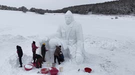 DRONE - Snow sculpture commemorates Battle of Sarikamis anniversary in eastern Türkiye