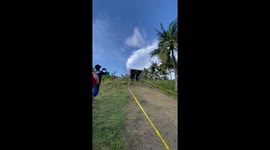 Downhill biker launches from ramp but suffers hard landing