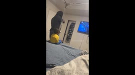 Baby makes funny Minion face while watching TV in Florida, USA